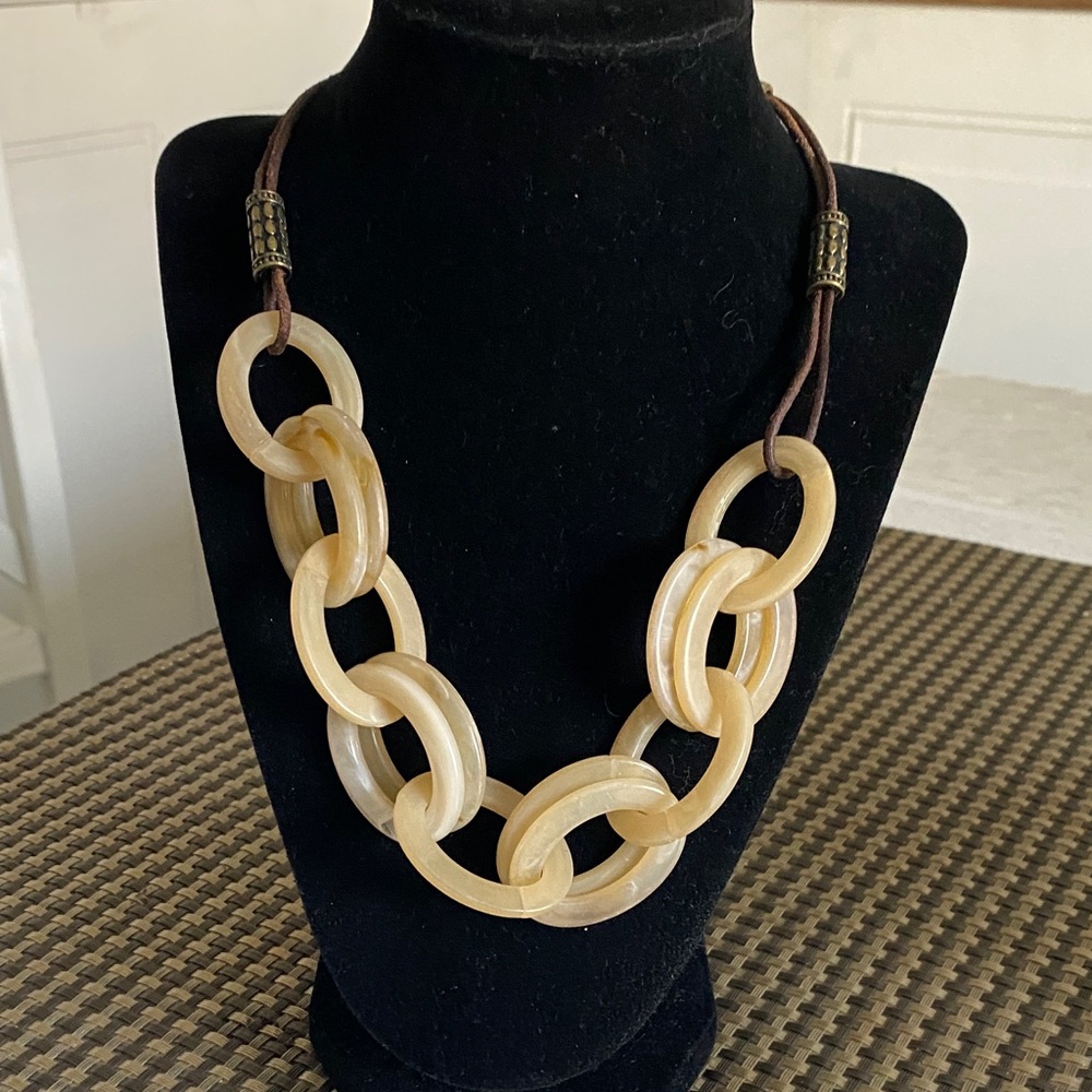 Avon Cream Link Necklace with Brown Cord and Brass Accents